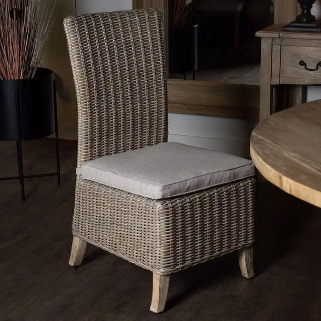 KDMK Rustic Wicker Outdoor Dining Chair with Cushions in Beige and Yellow