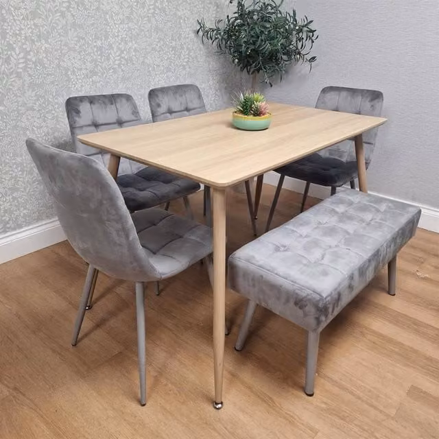 KOSY KOALA Modern Dining Set with Rectangular Table, 4 Grey Velvet Chairs and 1 Grey Velvet Bench