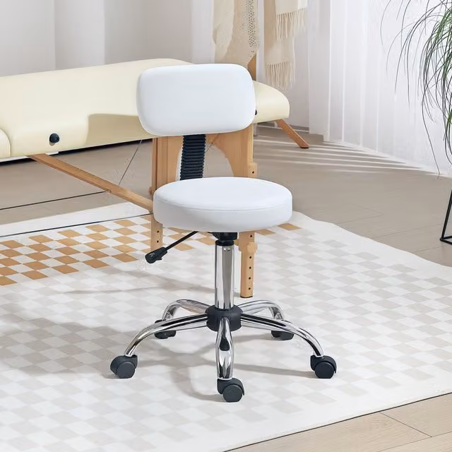 HOMCOM Height Adjustable Rolling Stool with Backrest and 360 Degree Swivel, White Synthetic Leather