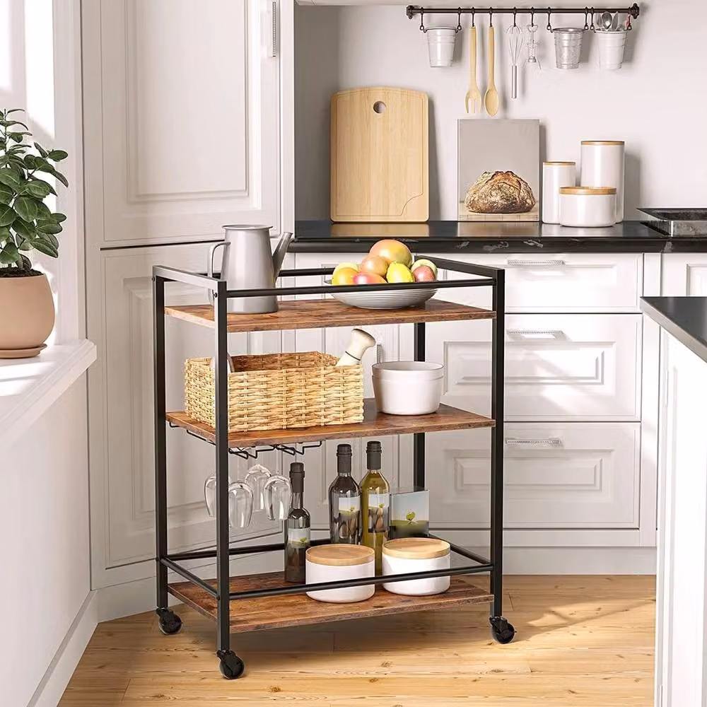 NESTLUNE 3 Tier Industrial Rustic Wooden Kitchen Trolley with Castors in Black – 3