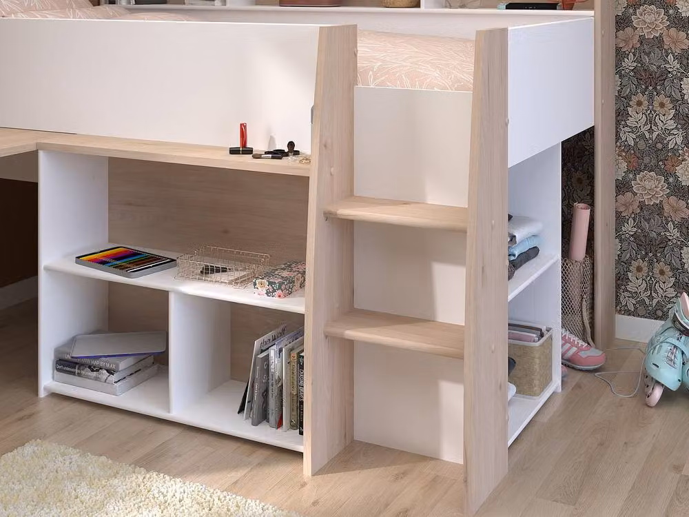 Vente-unique Scandinavian Single Combined Bed with Desk, Storage and Stairs in White – 5