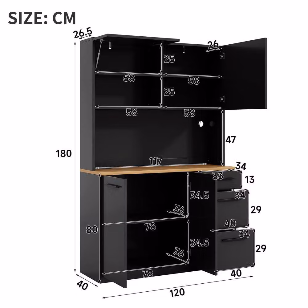 Rolipo Black Tall Modern Dining Room Sideboard with LED Lights and USB Ports, H 180 x W 120 x D 40 cm – 3