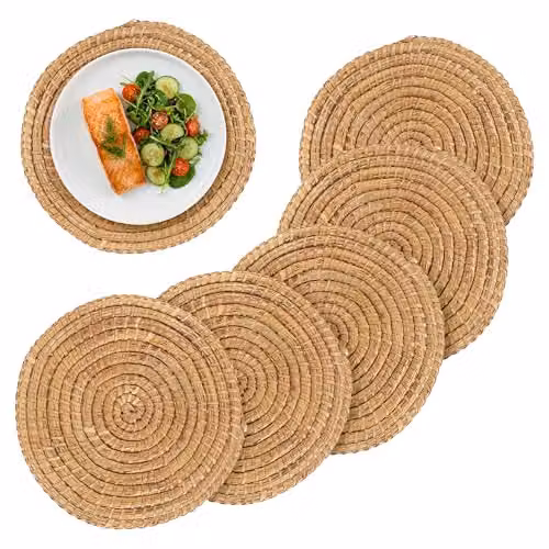 Argon Tableware Set of 6 Round Woven Palm Leaf Placemats in Brown, Diameter: 30 cm
