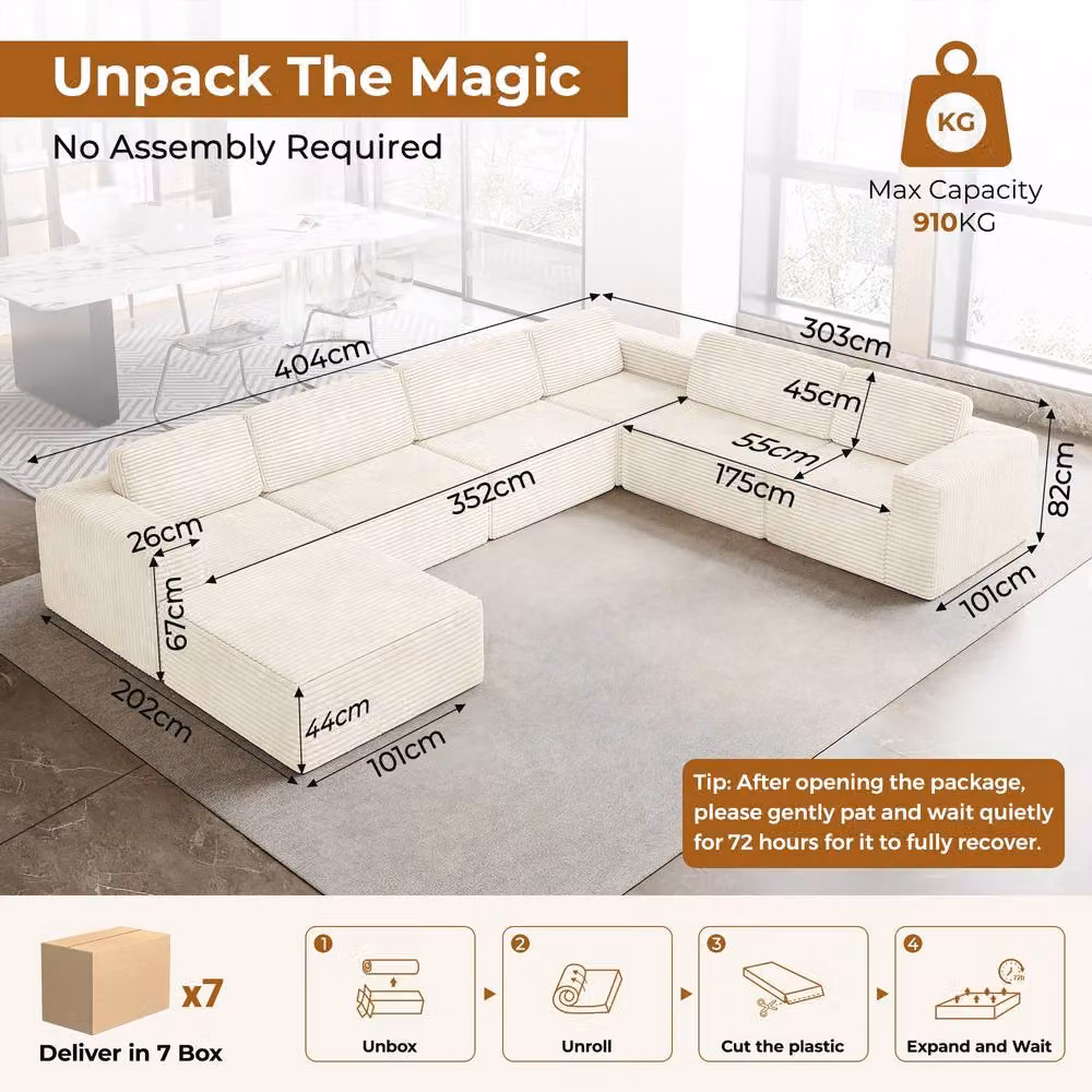 Dprodo 6 Seater Corduroy Modular L-Shape Corner Sofa in Beige with Matching Ottoman and Removable Covers – 2
