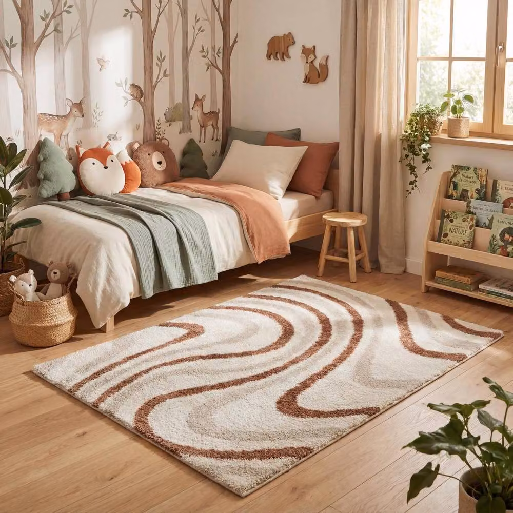THE RUGS Moodi Wavy Design Shaggy Soft High Pile Round Living Room Rug in Terracotta, Diameter: 120 cm – 4