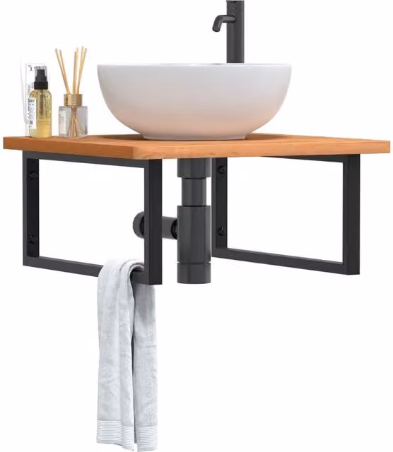 Berkfield Home Wall Mounted Basin Shelf in Brown Steel and Solid Beech Wood – 1