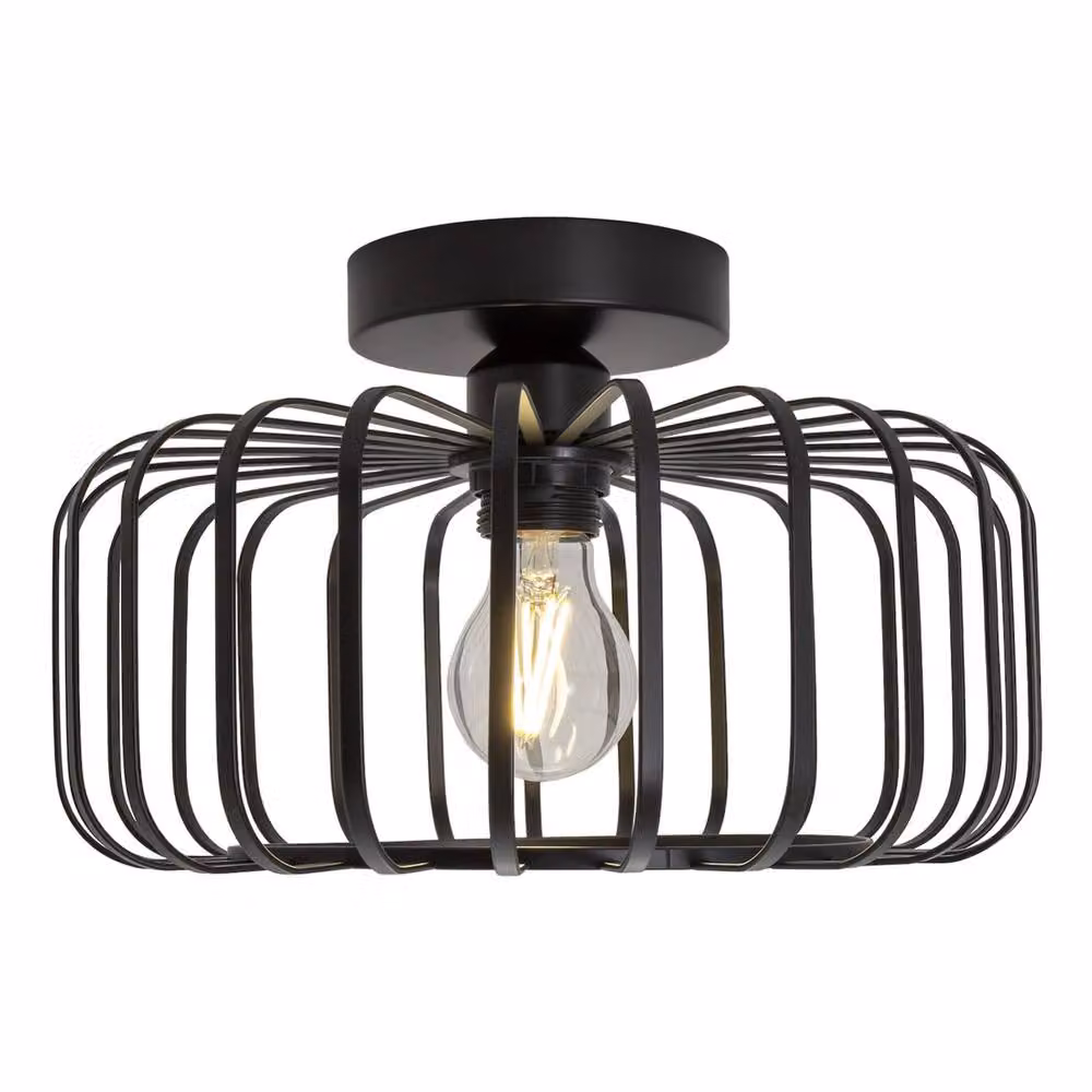 Happy Homewares Industrial Cage Semi Flush Ceiling Light in Matte Black Metal – 2