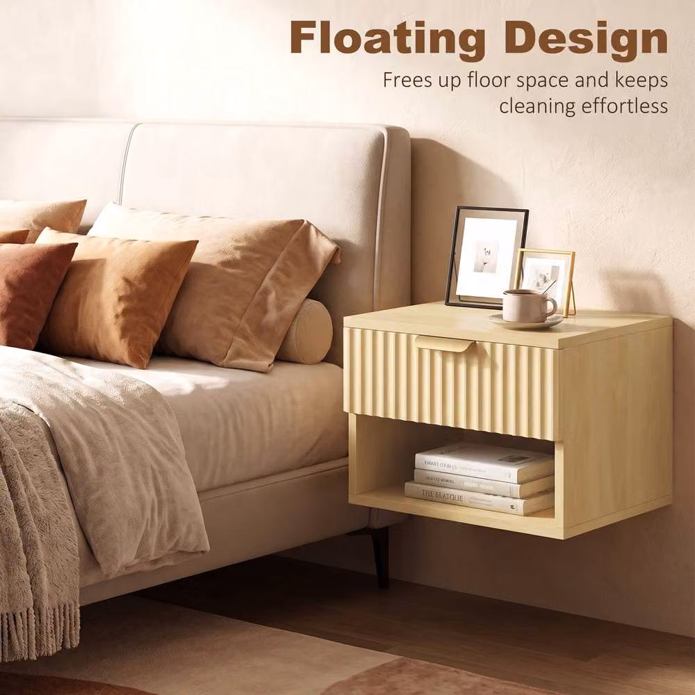 HOMCOM Set of 2 Modern Wall Mounted Floating Nightstands in Light Oak – 3