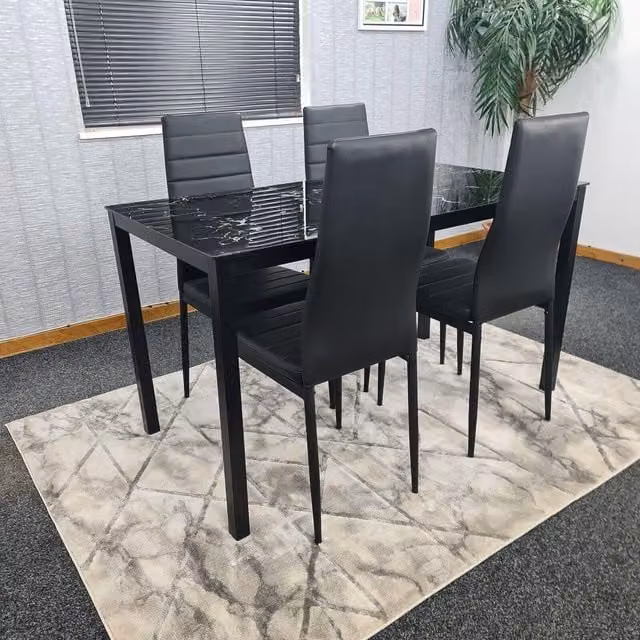 Kosy Koala Modern Dining Set with Black Marble Effect Glass Table and 4 Black Leather Chairs in Brown – 1