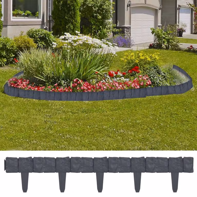 Berkfield Home Stone Look Plastic Lawn Fence, 41 Pieces, 10 m, Dark Grey