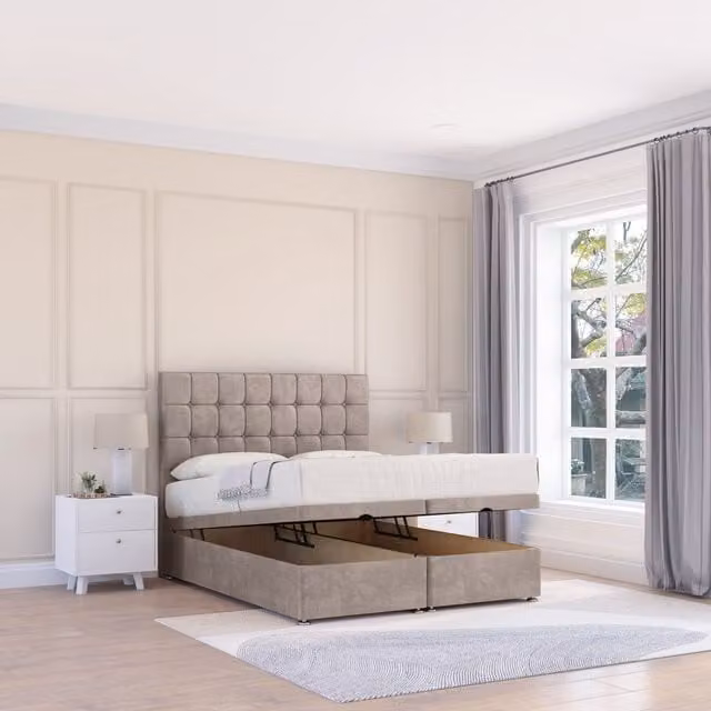 Sloomy Alabama Single Ottoman Bed with 26 Inch Headboard and Hybrid Memory Mattress in Beige