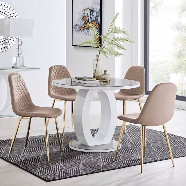 FurnitureboxUK Giovani Round Dining Table and 4 Corona Gold Chairs Set, Grey and Cappuccino, Diameter: 120 cm