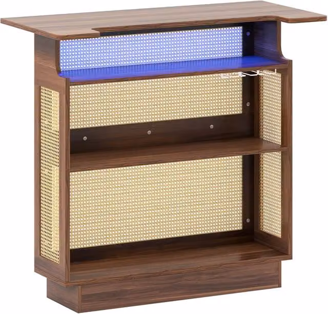Costway Industrial Rattan Home Bar Table with LED Light and App Control in Brown