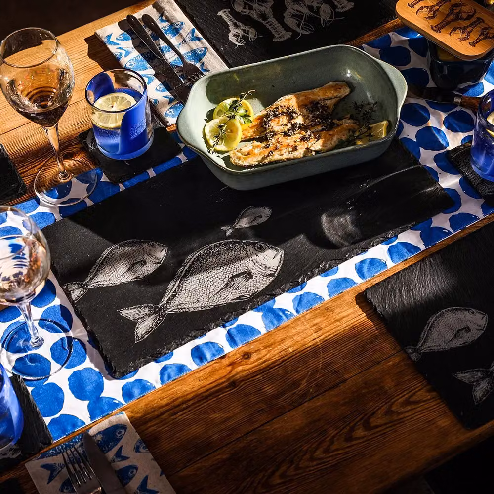 Selbrae House Slate Table Runner in Dark Grey with Graphic Maritime Fish Design – 2