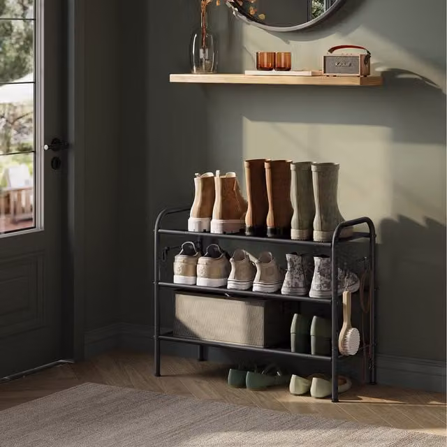 SONGMICS 3-Tier Adjustable Shoe Rack with Hooks, Black Shoe Organiser