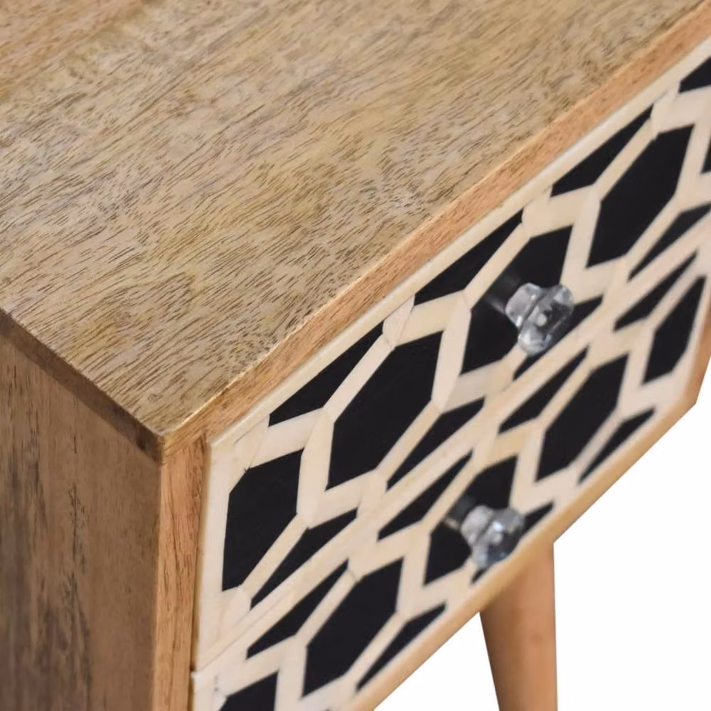 Wyld Haus Valeggio Mini Mango Wood Bedside Table with Bone Inlay and 2 Drawers in Brown – 4