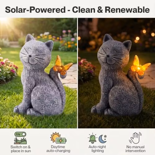 Emitto Solar LED Cat Garden Ornament in Grey and Orange Resin – 3