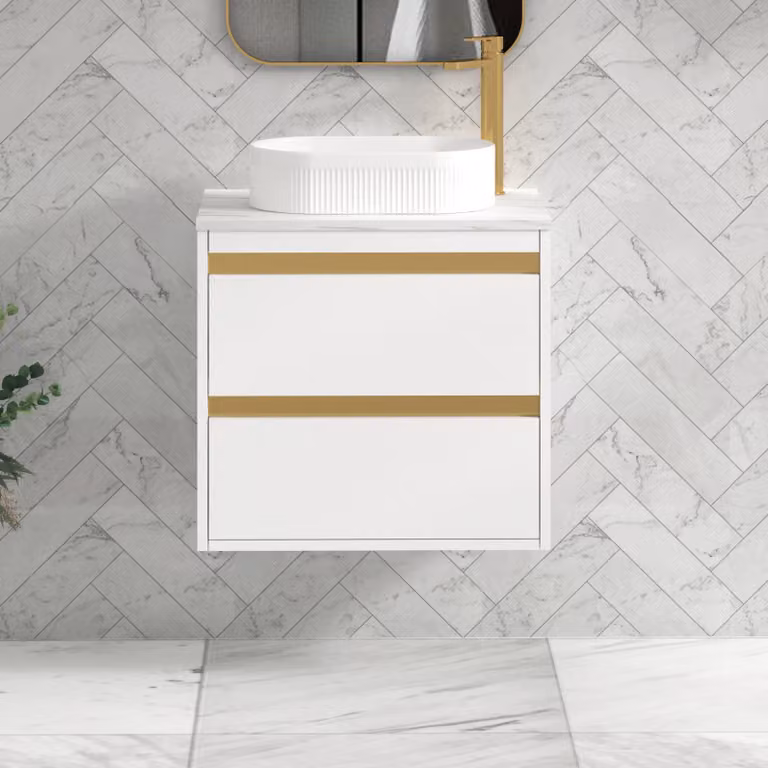 Royal Bathrooms Orion 2 Drawer Matt White Wall Hung Vanity Unit with Carrara White Stone Top and Countertop Basin with Brushed Brass Accent Trim