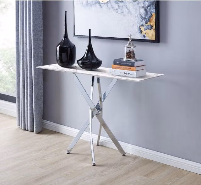 FurnitureboxUK Leonardo Console Table with White Marble Effect Glass Top and Silver X-Frame Metal Legs