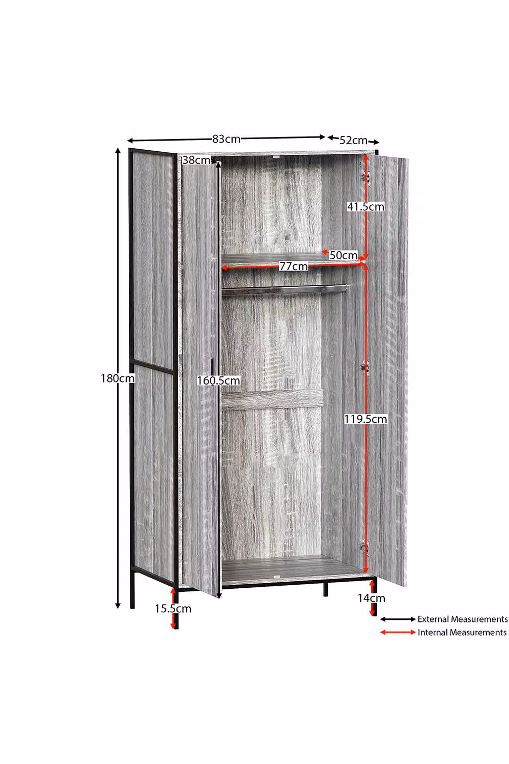 HD Designs Brooklyn 2 Door Wardrobe in Grey, W/D/H: 180 x 52 x 83 cm – 3