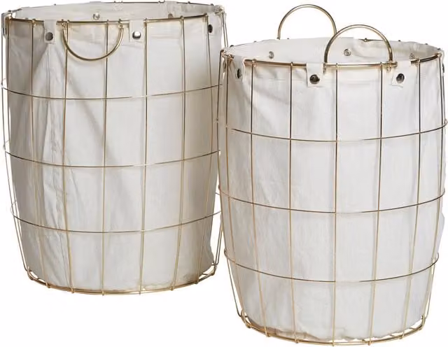 Orsina Set of Two Round Gold Wire Laundry Baskets with Handles and Removable Cotton Bags