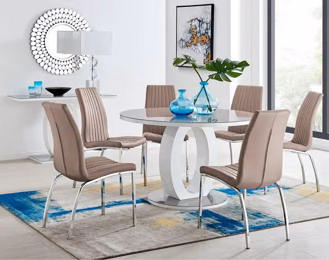 FurnitureboxUK Giovani Round Glass Dining Table and 4 Isco Chairs Set in Grey and Cappuccino, Diameter: 120 cm