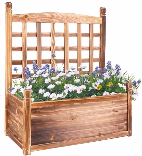 SPETLEK Brown Wooden Raised Garden Bed Planter Box with Trellis, W/D/H: 76 x 63.5 x 29 cm