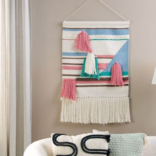 Wyld and Coco Boho Geometric Multicolour Cotton Wall Hanging with Tassels in Beige, W/D/H: 90 x 60 x 1 cm – 1