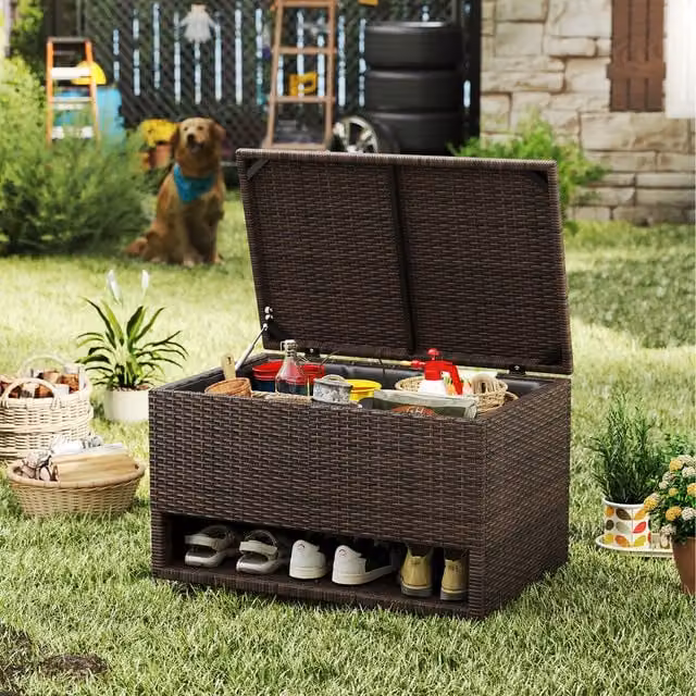 COSTWAY 180L Brown Rattan and Metal Garden Storage Deck Box with Soft Close Lid