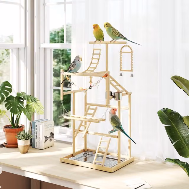 PawHut Wooden Bird Playground with Ladders and Tray in Natural Wood Finish