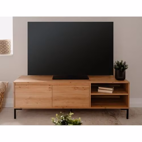 Calicosy TV Stand with 2 Drop-down Doors and 2 Shelves in Light Wood and Brown, Width: 150 cm – 2