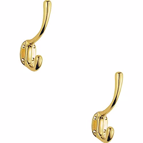 Loops 2 Pack Heavyweight One Piece Wall Mounted Hat and Coat Hook in Polished Brass with 7.6 cm Projection