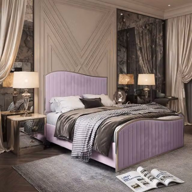 KDMD Hythe Double Velvet Upholstered Metal Bed Frame in Pink, W/D/H: 140 x 200 x 137 cm – 1