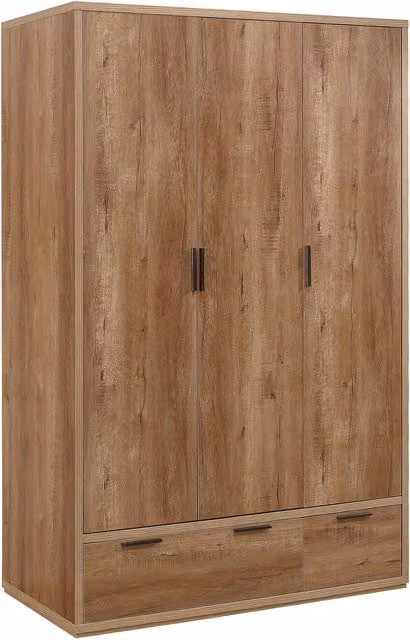 Birlea Rustic Brown and Black 3 Door 2 Drawer Wardrobe with Hanging Rod