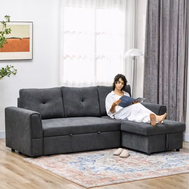 HOMCOM L-Shaped Sofa Bed in Dark Grey with Linen-Look Fabric and Lift-Up Seat