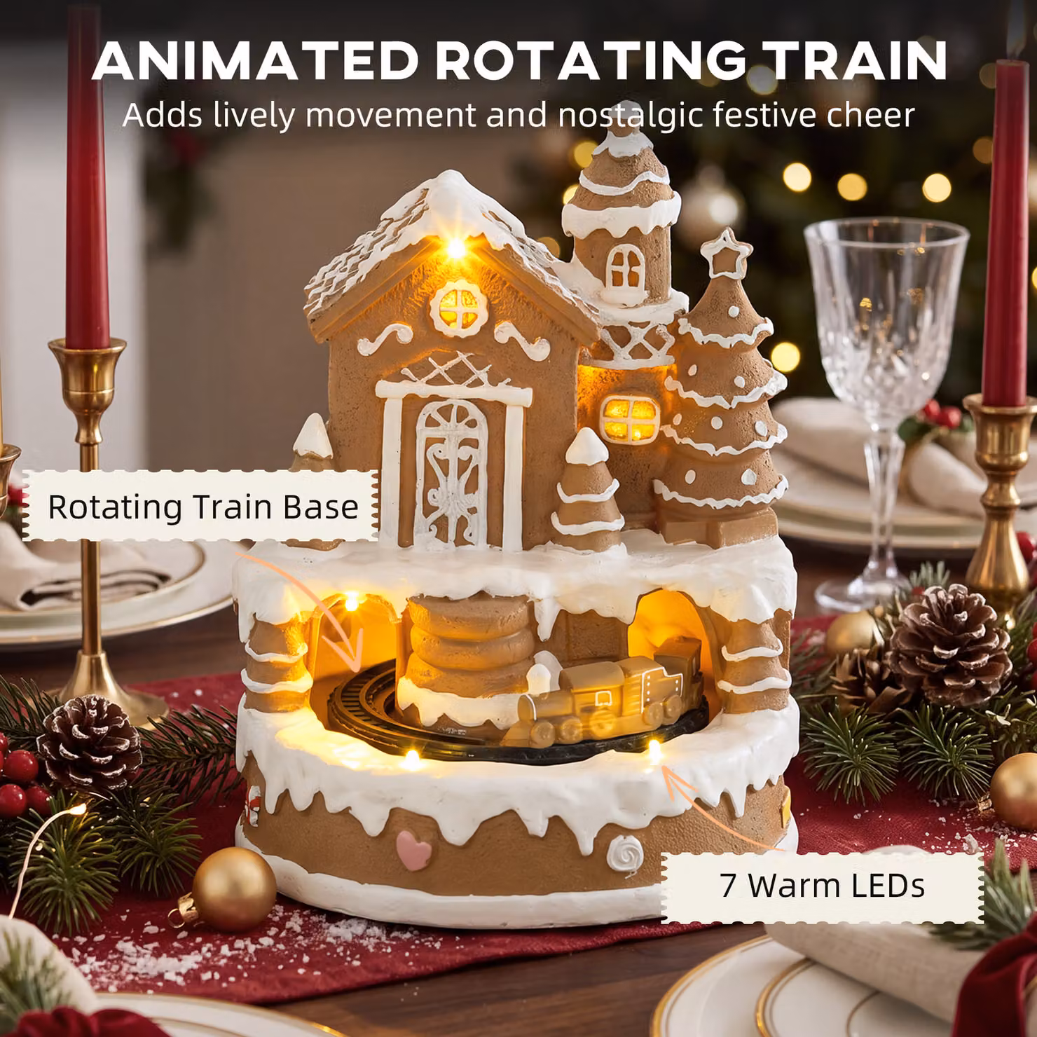 HOMCOM Christmas Gingerbread House Lighted Musical Snow Village with Rotating Train and LEDs in White and Brown – 4
