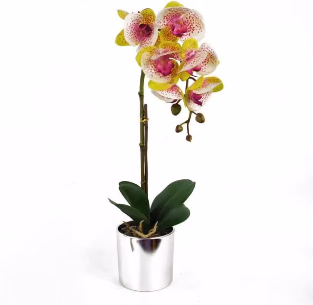 Leaf Design UK Realistic Artificial Harlequin Pink Orchid in a Silver Pot, Height: 46 cm – 1