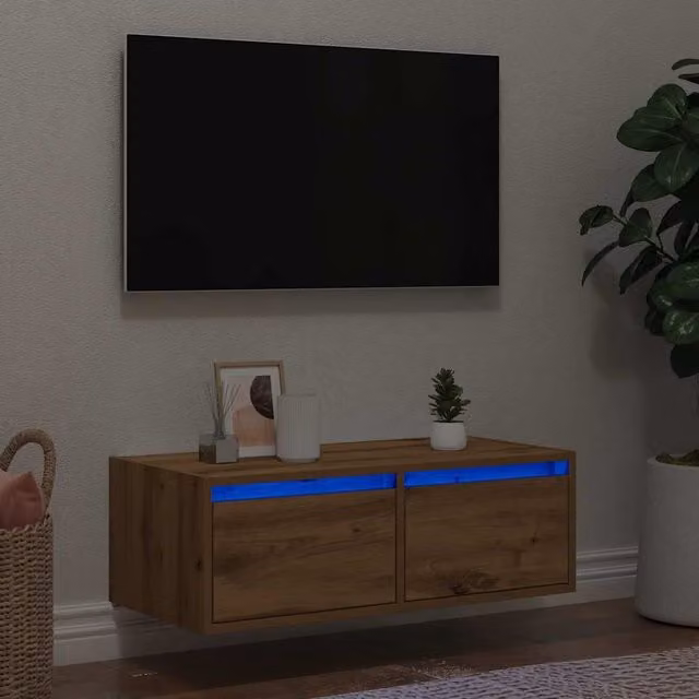 Berkfield Home Artisan Oak TV Cabinet with LED Lights in Brown, W: 75 cm, D: 25 cm, H: 25 cm