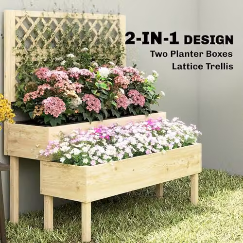 Outsunny 2-Tier Wooden Raised Garden Bed Planter with Trellis, Brown, H x W x D: 120 x 108 x 62 cm – 3