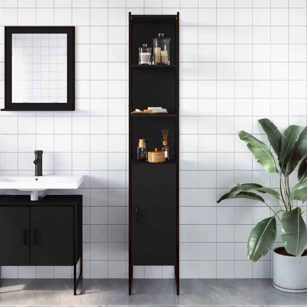 Berkfield Home Black Wall Mounted Bathroom Cabinet with Hinged Doors and Open Shelf, W/D/H: 33 x 33 x 185.5 cm – 3