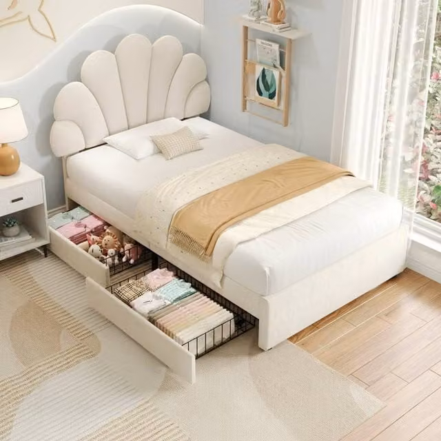 BTM Single Bed with Petal Headboard and Storage Drawers in Beige Velvet Fabric, W/D/H: 90 x 190 x 107 cm