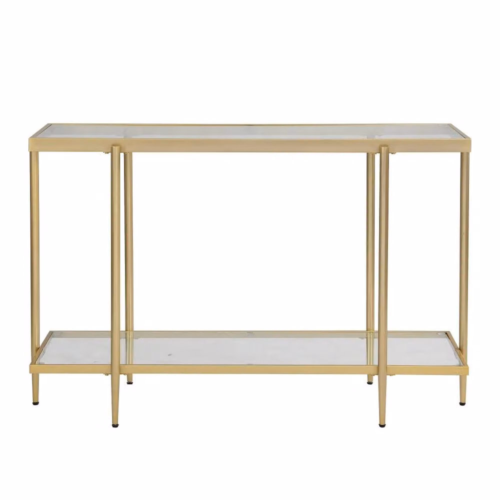 Mona Vale Furniture Modern Gold Console Table with Glass Top and 2-Tier Metal Storage Shelf – 2