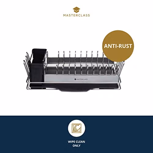 MasterClass Small Stainless Steel Dish Drainer Rack with Cutlery Holder, Silver/Black, W: 41 cm, D: 22 cm, H: 13 cm – 2