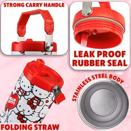 Get Trend Hello Kitty Sanrio Insulated Metal Travel Tumbler with Flip Up Straw and Handle, Multicolour, 850ml – 3