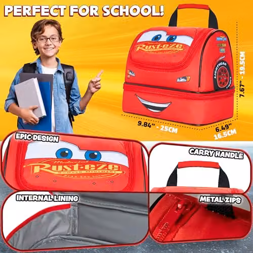 Disney Cars Insulated Kids Lunch Bag with Dual Compartments in Red – 5
