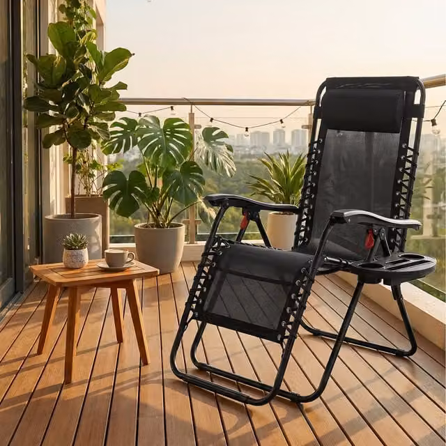 SONGMICS Foldable Zero Gravity Chair with Adjustable Headrest and Side Tray, Black