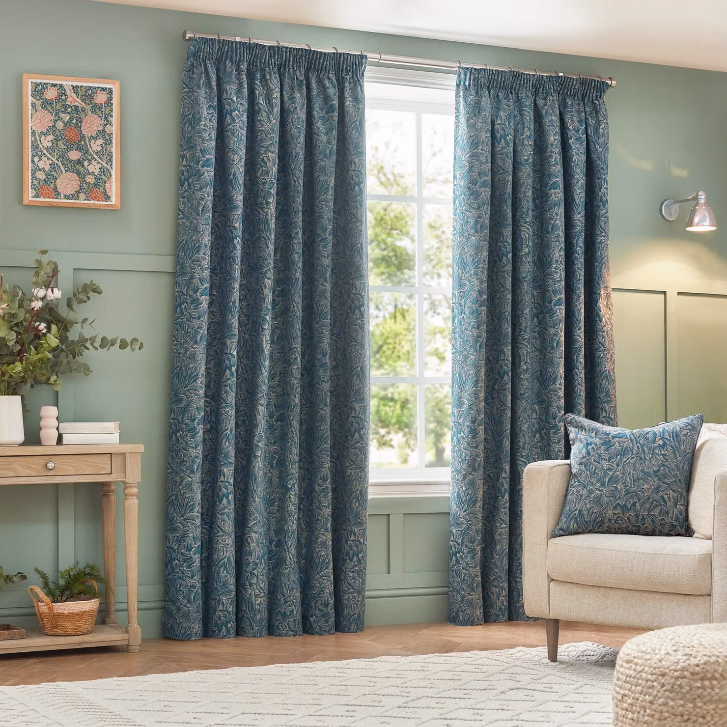 Wylder Nature Grantley Floral Jacquard Pencil Pleat Curtain Pair in Blue, Width: 168 cm, Drop: 229 cm – 2