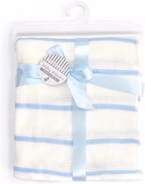 My Little World Blue and White Striped Knitted Baby Shawl Blanket, W: 75 cm, D: 100 cm