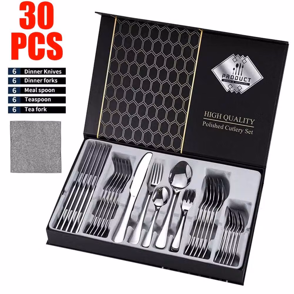 Hinsinc 30-Piece Polished Stainless Steel Cutlery Dinner Set in Silver – 3