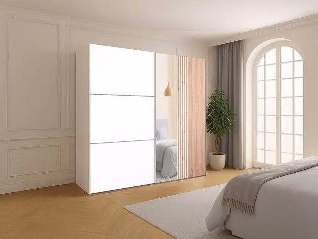Vente-unique Sliding Door Wardrobe with Mirror and Integrated Drawers, White and Mixed Wood, Width: 250 cm – 1